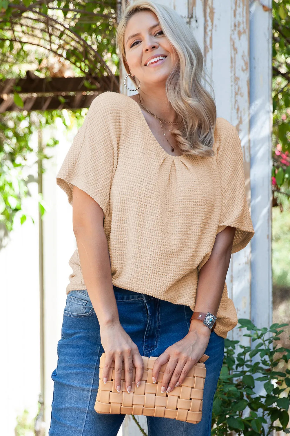 Beige Guipure Lace Insert Textured Plus Size Tee - Chic Meadow Boutique 