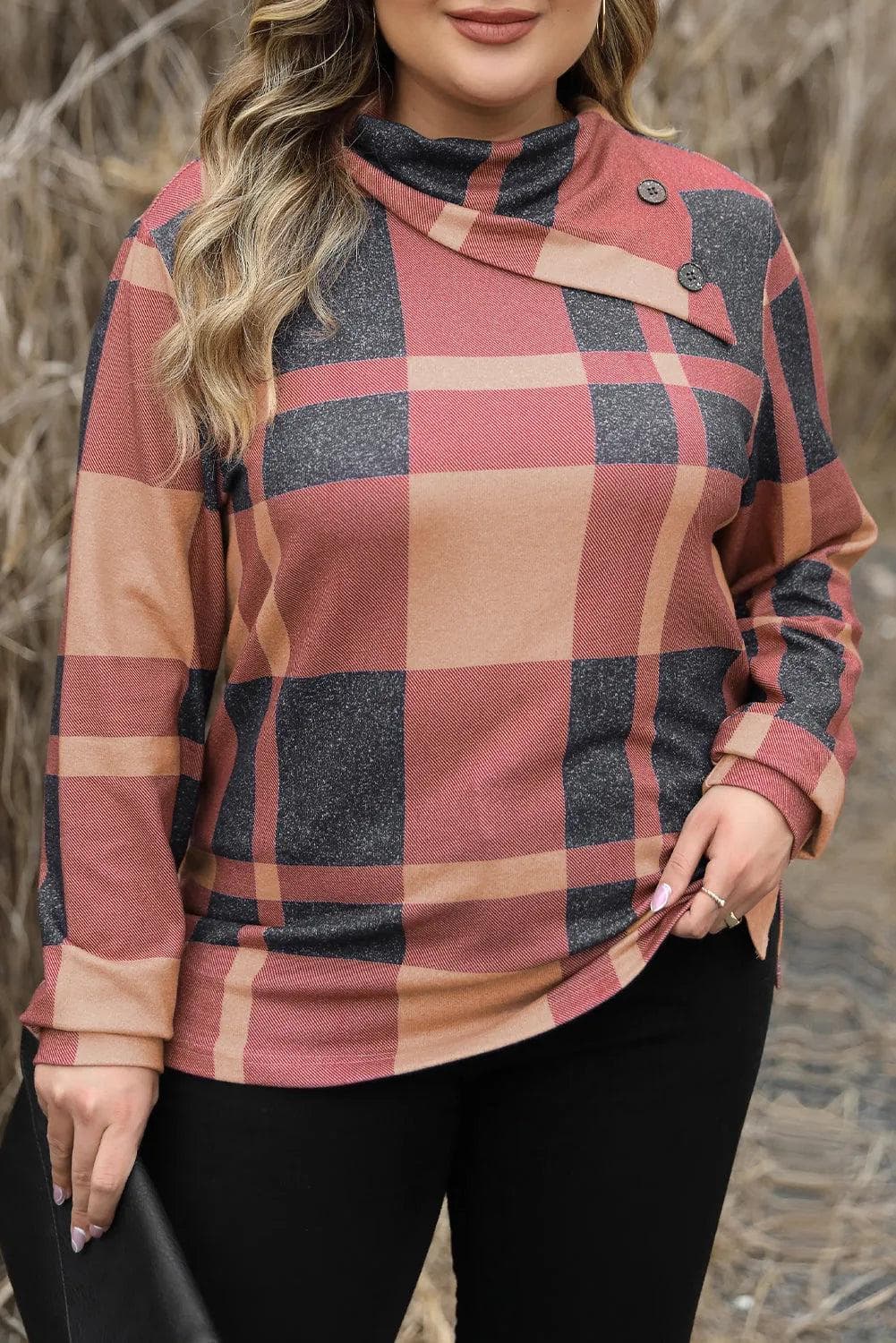 Plus Size/Plus Size Tops/Plus Size Long Sleeve Tops Mineral Red Plus Size Plaid Print Button Decor Asymmetric Neck Top