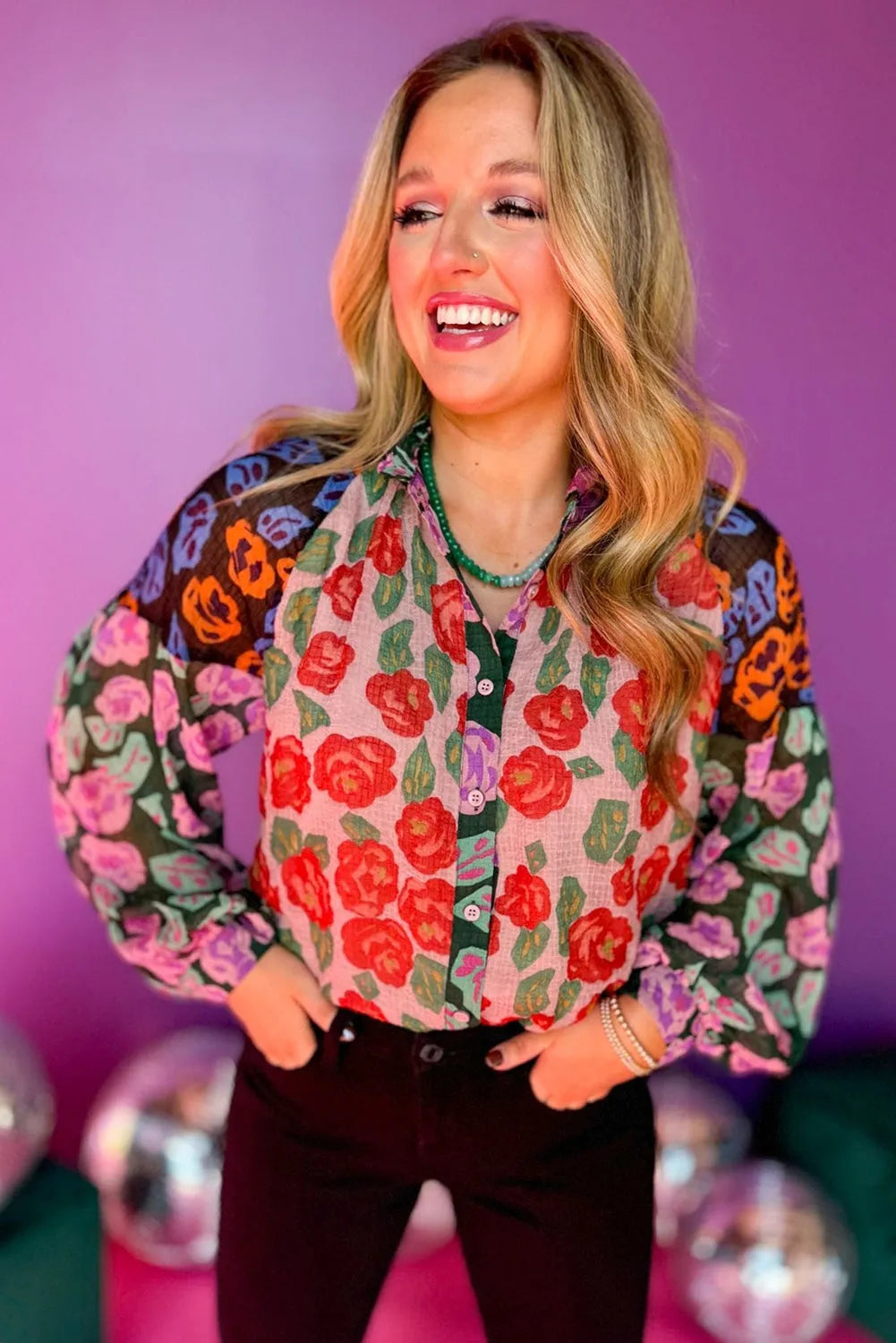 Red Colorblock Floral Printed Puff Sleeve Shirt - Chic Meadow Boutique 