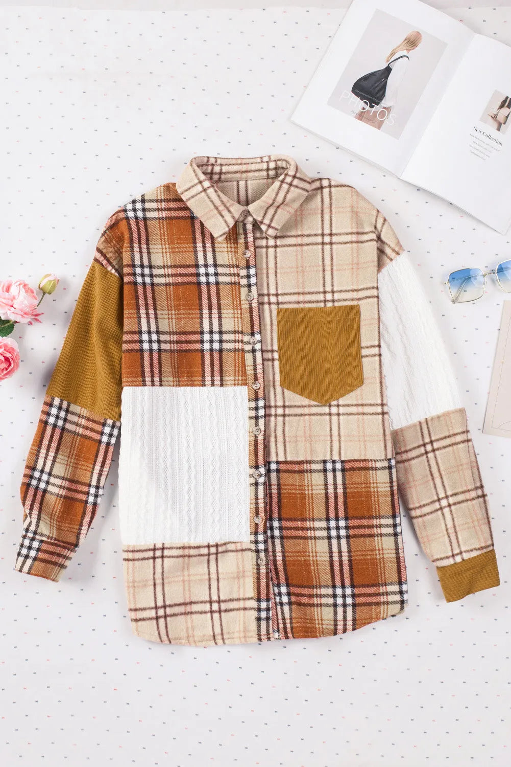 Orange Plaid Color Block Patchwork Shirt Jacket with Pocket - Chic Meadow Boutique 