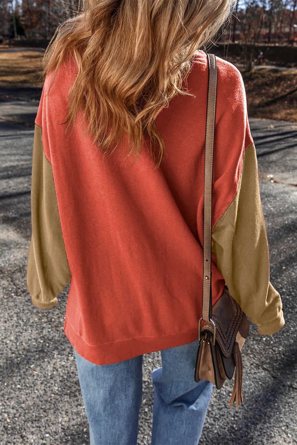 Gold Flame Two Tone Patchwork Drop Shoulder Pullover Sweatshirt - Chic Meadow Boutique 