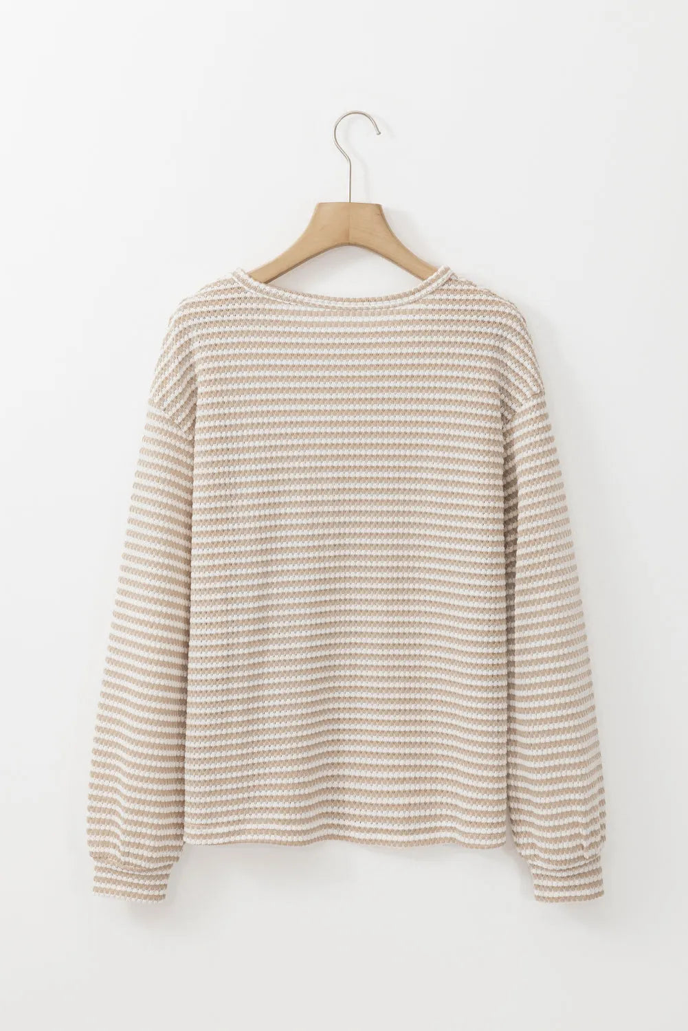 Khaki Stripe Round Neck Drop Shoulder Long Sleeve Top - Chic Meadow Boutique 