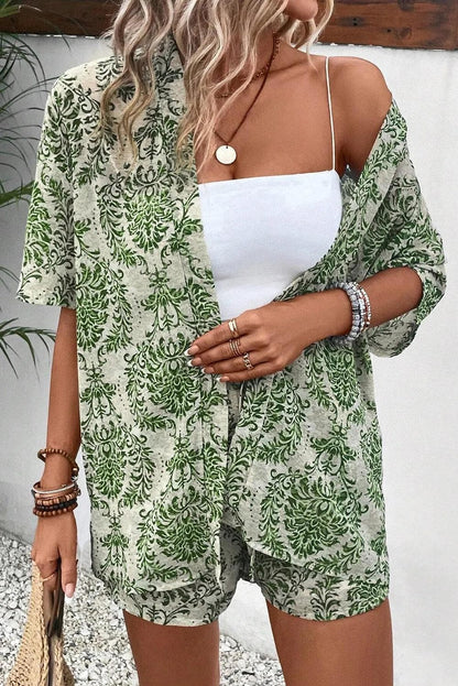 Two Piece Sets/Short Sets Green Vintage Floral Print Open Top and Shorts Outfit