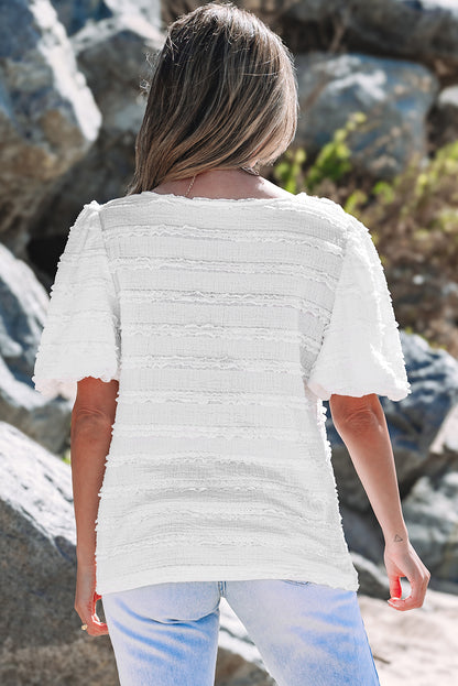 White Frilled Lace Trim Bubble Sleeve Blouse