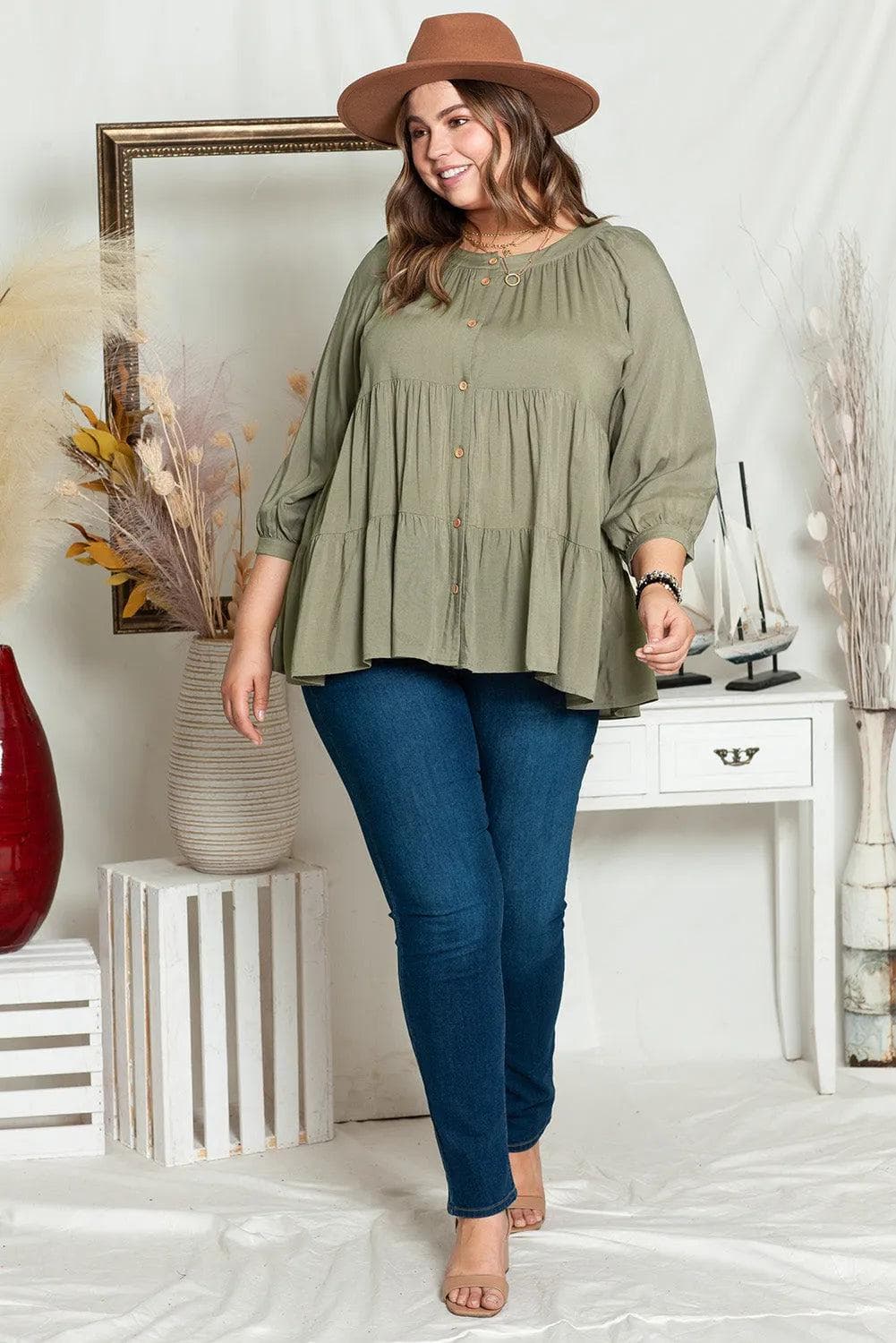 Plus Size/Plus Size Tops/Plus Size Blouses & Shirts Green Plus Size Ruffle Tiered Split Neck Shirt