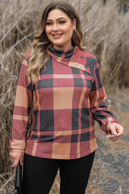 Plus Size/Plus Size Tops/Plus Size Long Sleeve Tops Mineral Red Plus Size Plaid Print Button Decor Asymmetric Neck Top