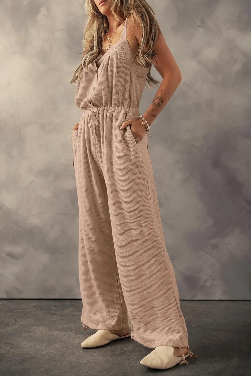 Bottoms/Jumpsuits & Rompers Pale Khaki Knotted Straps Button Textured Drawstring Jumpsuit