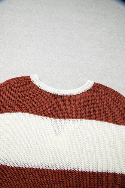 Brown Stripe Striped Colorblock Knit V Neck Short Sleeve Loose Sweater