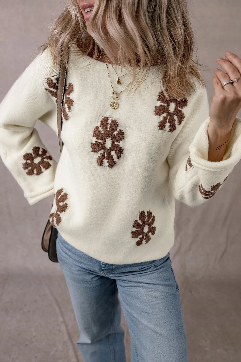 White Colorblock Floral Pattern Round Neck Sweater - Chic Meadow Boutique 