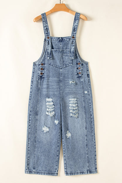 Stone Blue Distressed Bib Pocket Wide Leg Denim Overall