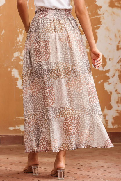 Apricot Boho Flower Print Smocked Waist Button Slit Maxi Skirt - Chic Meadow Boutique 