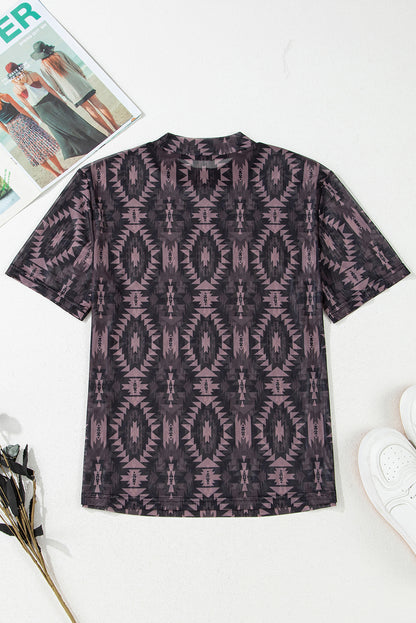 Brown Aztec Print Mock Neck Short Sleeve Mesh T Shirt