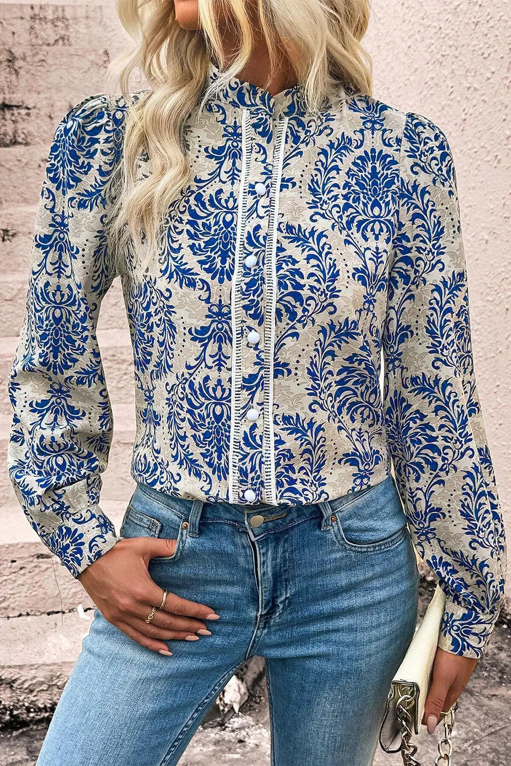 Sky Blue Bohemian Printed Bishop Sleeve Lace Shirt - Chic Meadow Boutique 