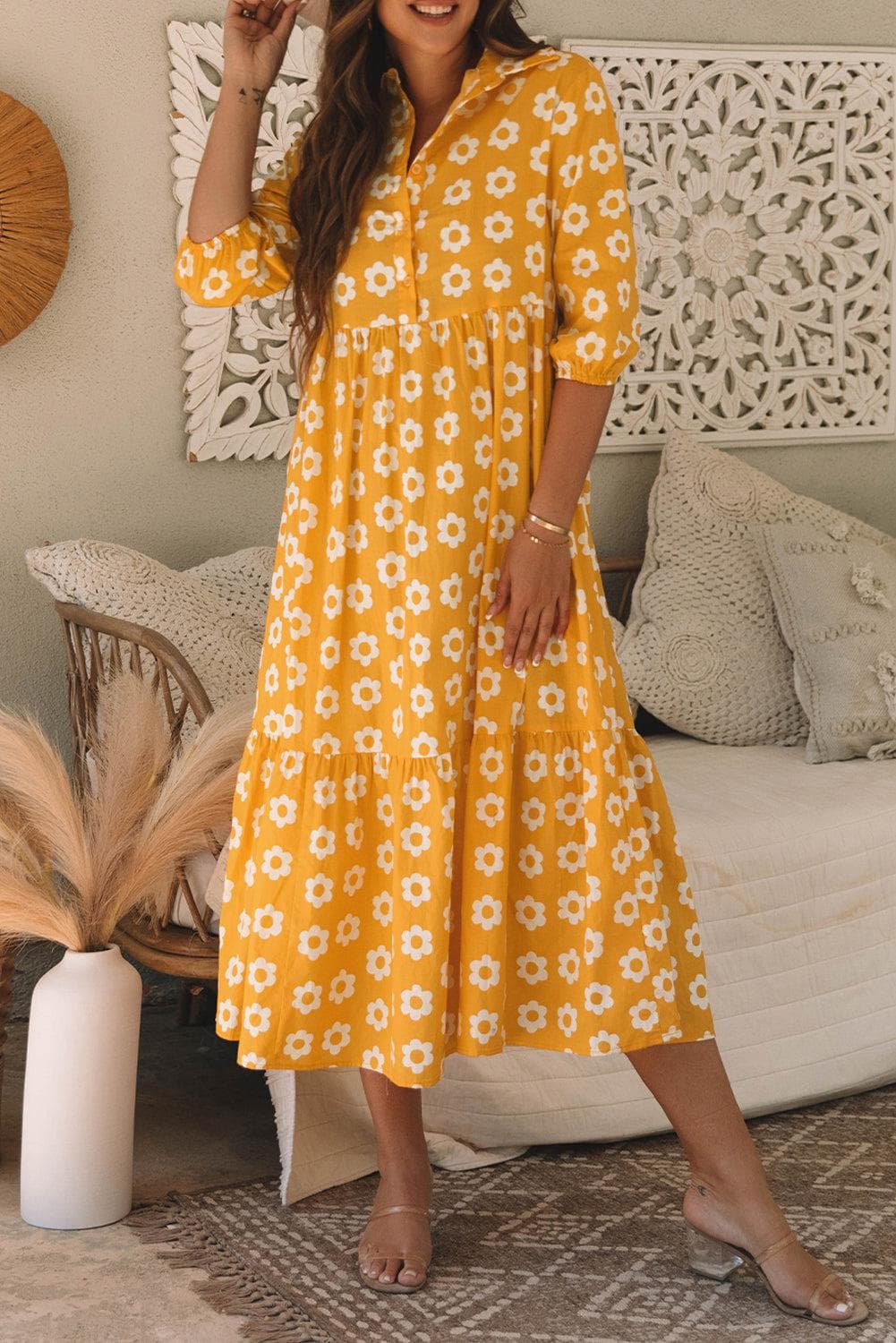 Dresses/Maxi Dresses Yellow Flower Print Bracelet Sleeve Buttons Collared Maxi Dress