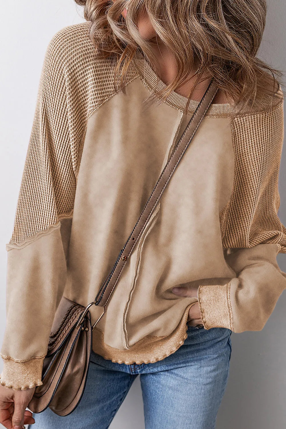 Light French Beige Solid Waffle Knit Patchwork Raglan Sleeve Sweatshirt - Chic Meadow Boutique 