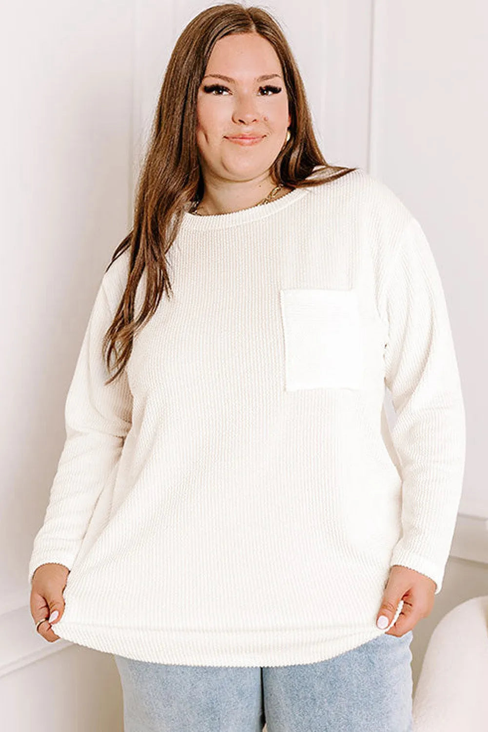 White Plus Size Ribbed Textured Long Sleeve T Shirt - Chic Meadow Boutique 