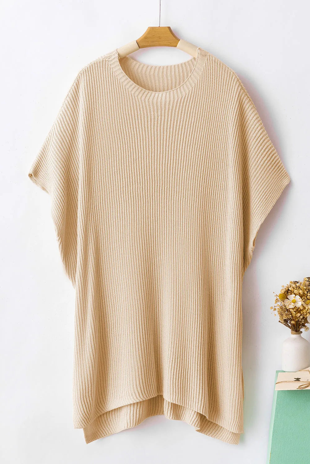 Tops/Short Sleeve Sweaters Apricot / S / 55%Acrylic+45%Cotton Apricot Short Sleeve Side Slit Oversized Sweater