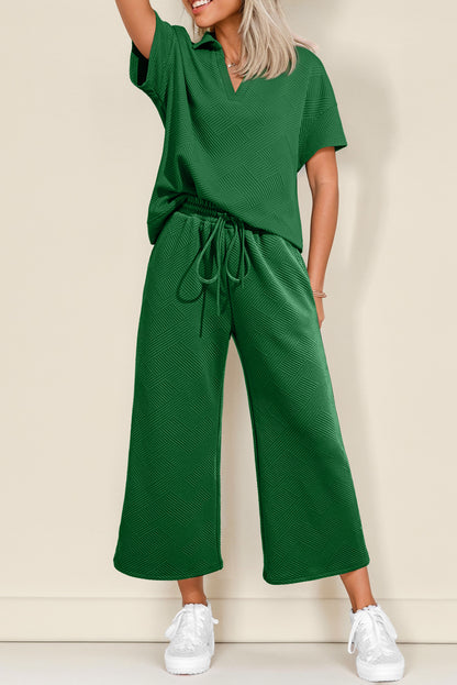 Dark Green Stylish Textured Loose Fit T Shirt and Drawstring Pants Set
