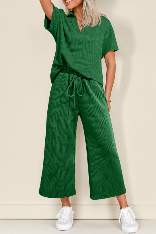 Dark Green Stylish Textured Loose Fit T Shirt and Drawstring Pants Set