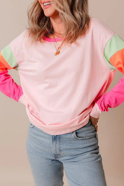 Pink Colorblock Patchwork Long Sleeve Loose Top - Chic Meadow Boutique 