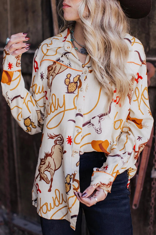 Beige howdy Western Patterns Button up Loose Shirt - Chic Meadow Boutique 