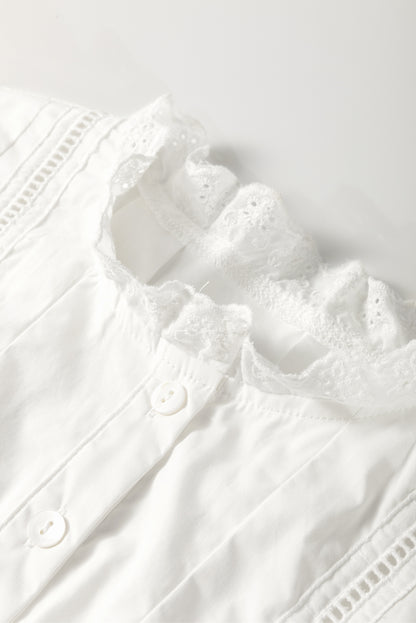 White Solid Color Lace Crochet Eyelets Sleeveless Buttoned Shirt