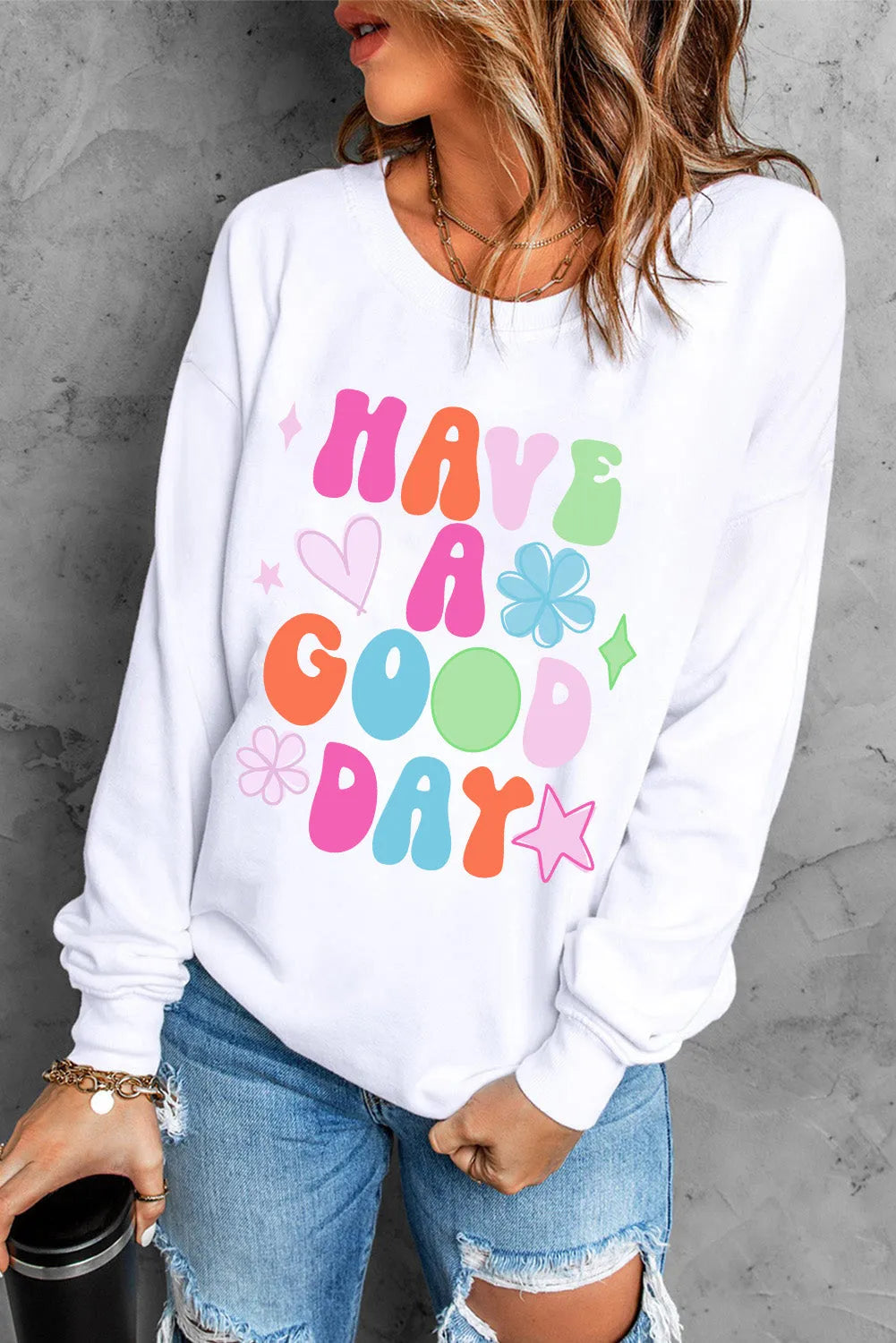 Beige HAVE A GOOD DAY Drop Shoulder Graphic Sweatshirt - Chic Meadow Boutique 