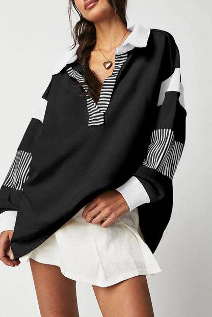 Black Striped Colorblock Patchwork Collar Sweatshirt - Chic Meadow Boutique 