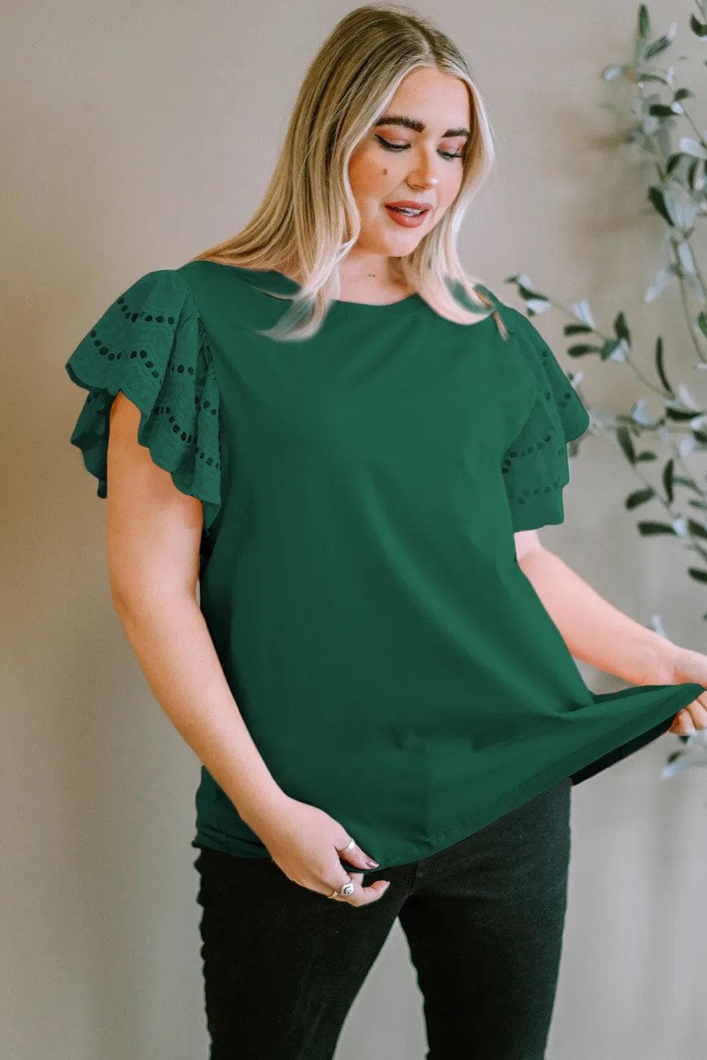 Plus Size/Plus Size Tops/Plus Size Tops & Tees Green Plus Size Flutter Sleeve Top