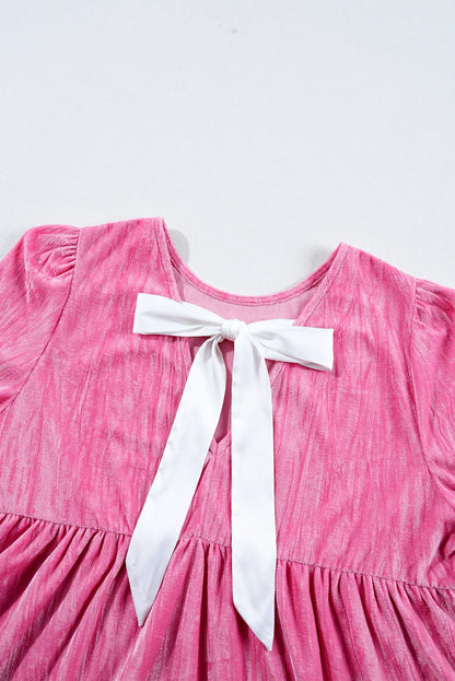 Strawberry Pink Flounce Sleeve Tiered Ruffled Velvet Mini Dress - Chic Meadow Boutique 