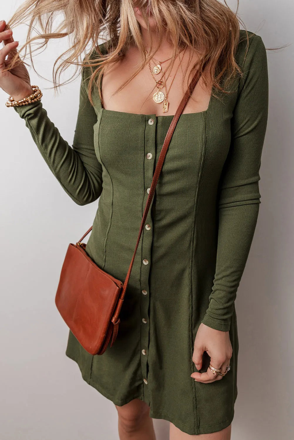 Guacamole Green Rib Knit Square Neck Buttoned Long Sleeve Mini Dress - Chic Meadow Boutique 