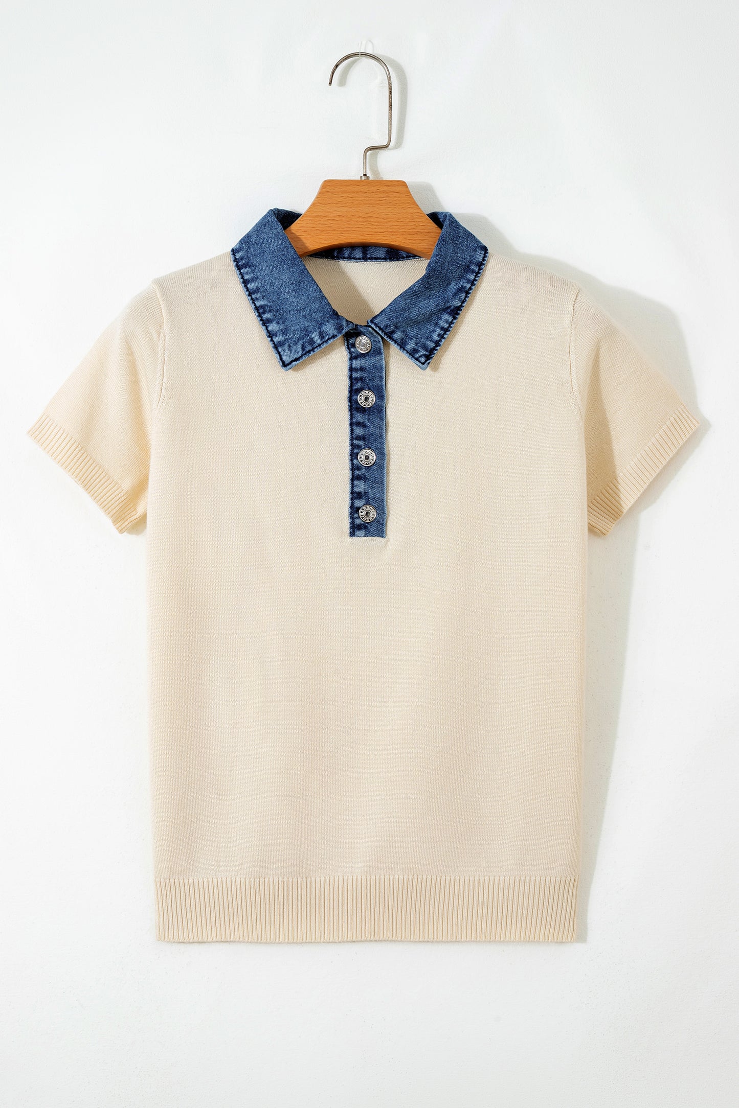 Jet Stream Short Sleeve Knit Denim Patchwork Polo Collar Sweater