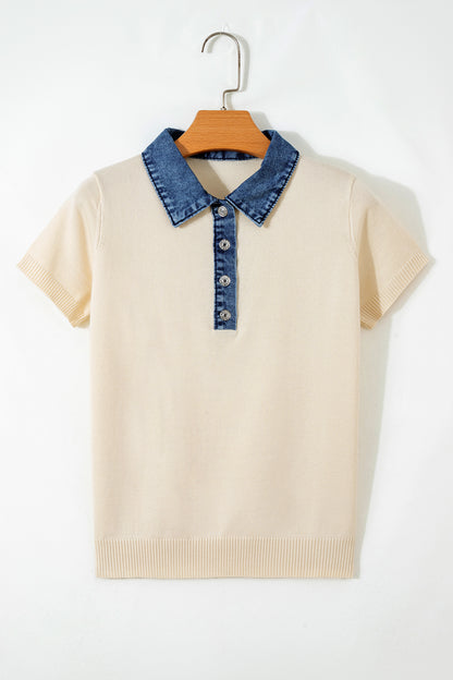 Jet Stream Short Sleeve Knit Denim Patchwork Polo Collar Sweater