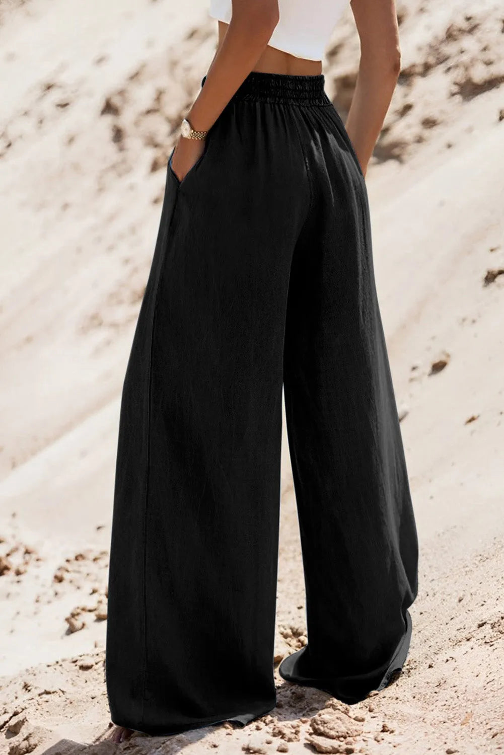 Black Drawstring High Waist Wide Leg Denim Pants - Chic Meadow Boutique 