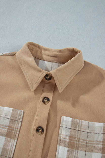 Light French Beige Plaid Colorblock Shirt Collar Shift Shacket
