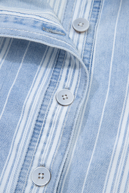 Sky Blue Stripe Boyfriend Chest Pocket Classic Denim Shacket