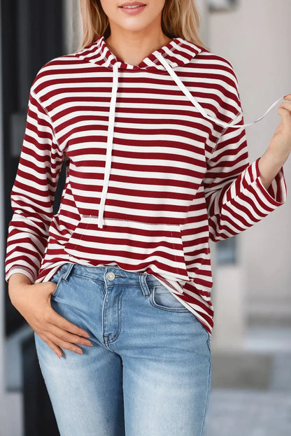 Burgundy Stripe Kangaroo Pocket Drawstring Hoodie - Chic Meadow Boutique 