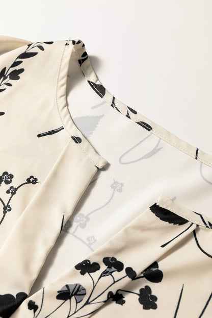 Khaki Botanical Floral Print Split Neck Long Sleeve Blouse