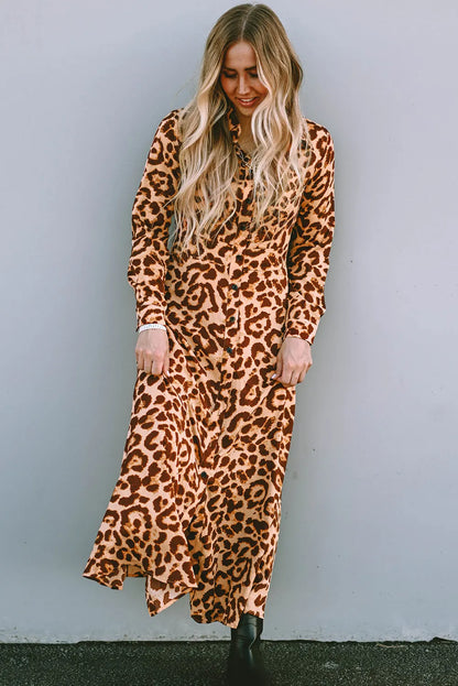 Leopard Button-Up Long Sleeve Maxi Dress - Chic Meadow Boutique 