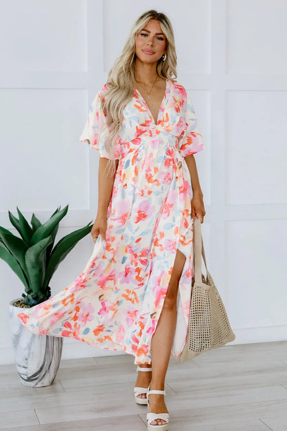 Multicolor Tropical Floral Print Ruched V Neck Maxi Dress - Chic Meadow Boutique 