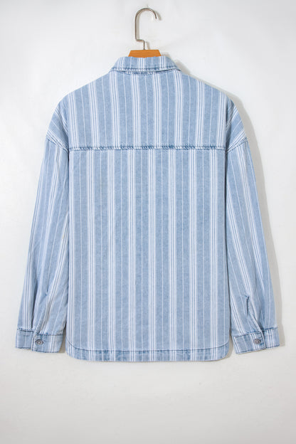 Sky Blue Stripe Boyfriend Chest Pocket Classic Denim Shacket