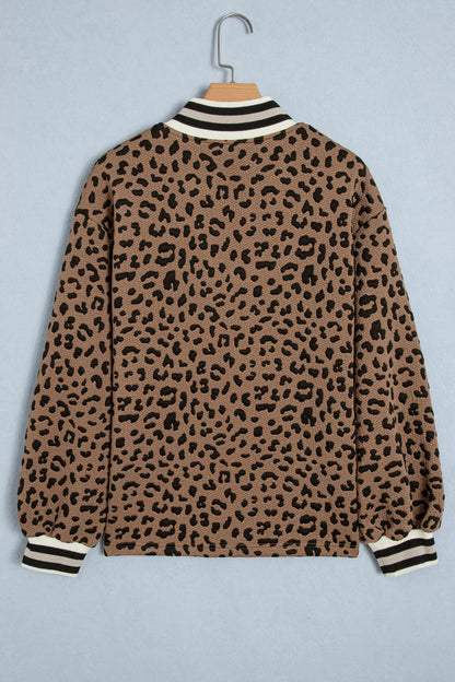 Brown Leopard Print Striped Trim Collar Long Sleeve Shift Pullover