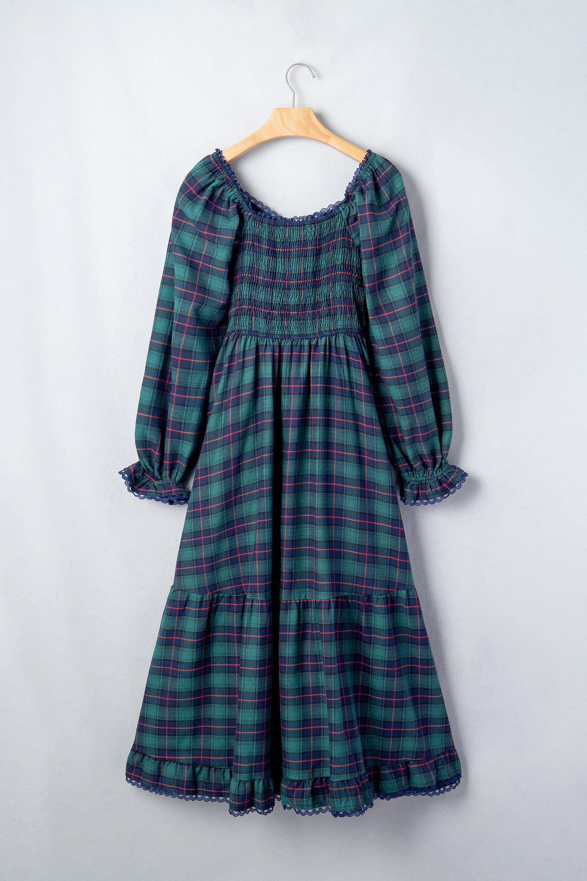 Green Vintage Plaid Square Neck Lace Trim Long Sleeve Shift Dress