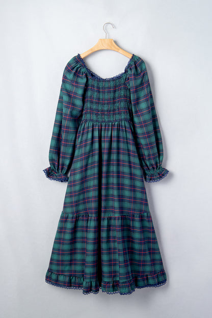 Green Vintage Plaid Square Neck Lace Trim Long Sleeve Shift Dress