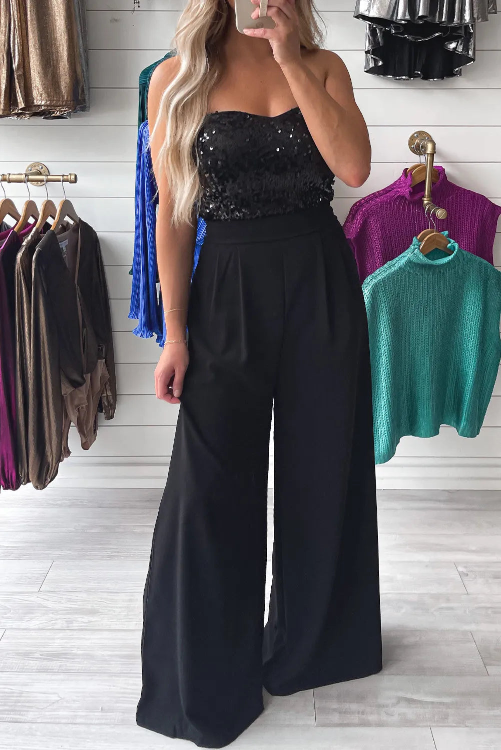 Black Sequin Tube Top Wide Leg Jumpsuit - Chic Meadow Boutique 