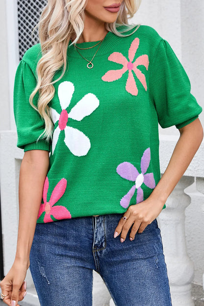 Bright Green Floral Bubble Short Sleeve Sweater - Chic Meadow Boutique 