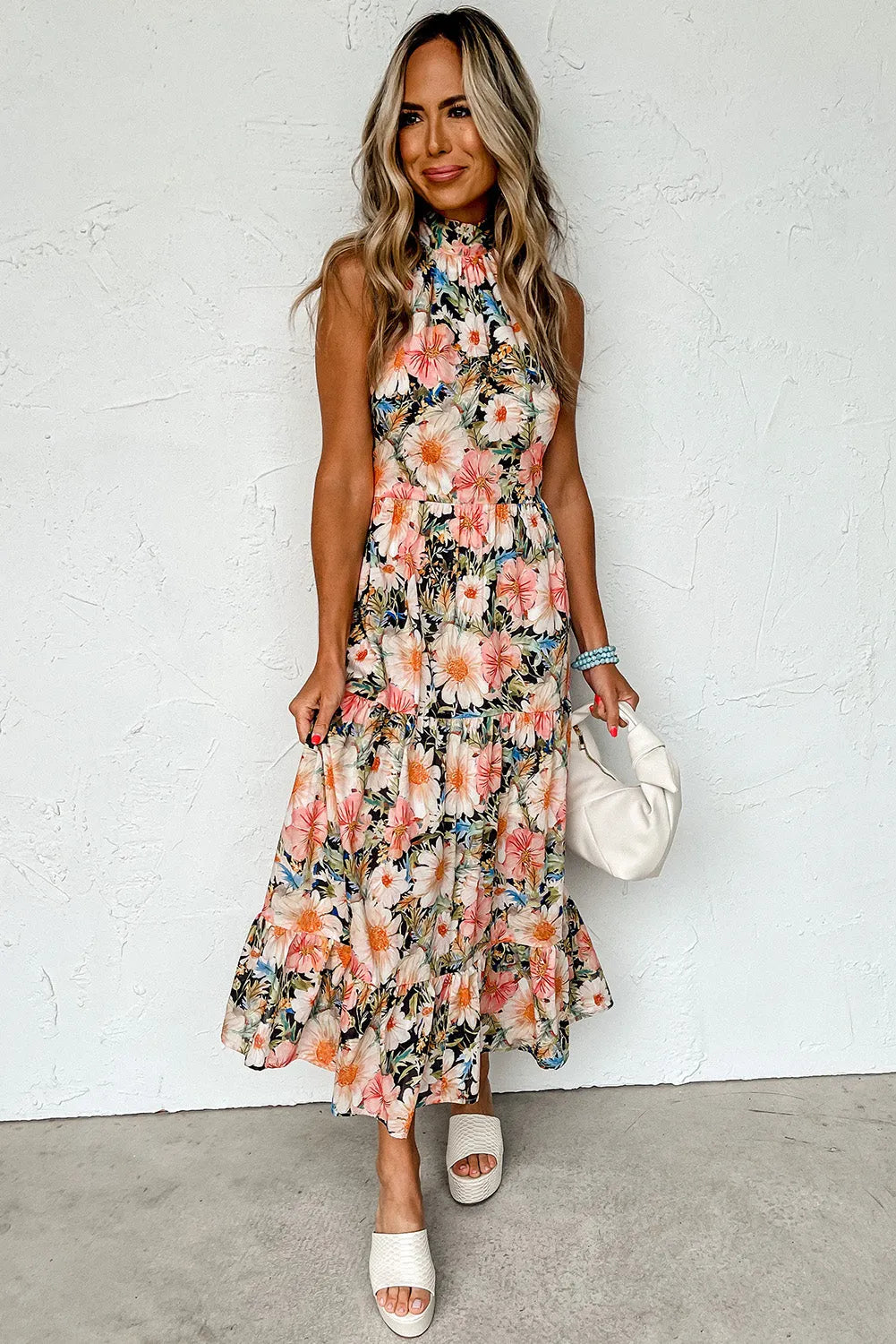 Black Boho Floral Print Knotted Halter Ruffled Maxi Dress - Chic Meadow Boutique 