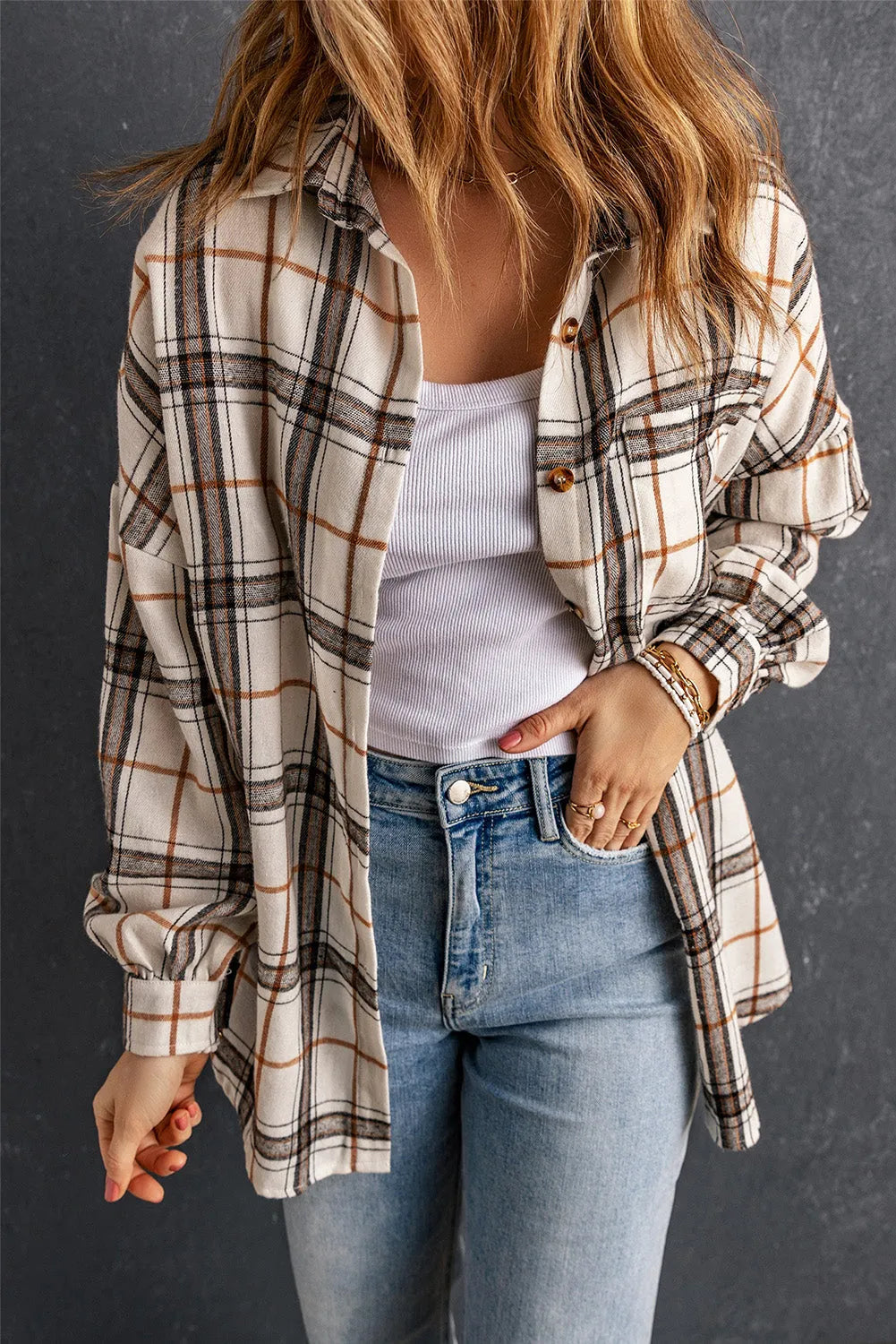 White Oversized Plaid Pattern Shacket with Slits - Chic Meadow Boutique 