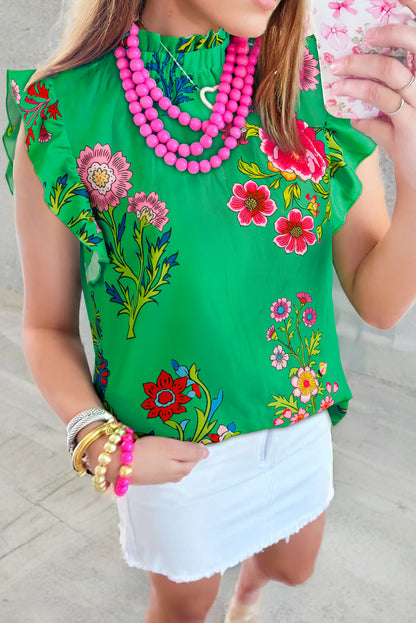 Green Floral Print Flutter Sleeve Frilly Neck Blouse