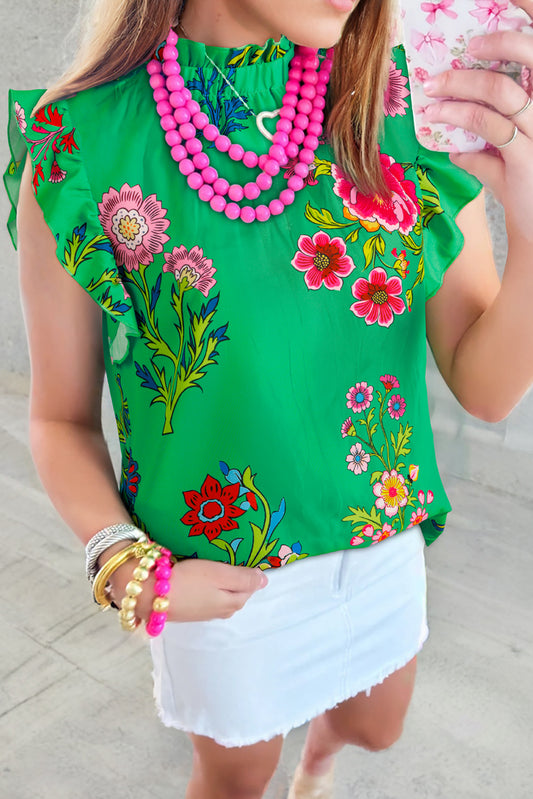 Green Floral Print Flutter Sleeve Frilly Neck Blouse